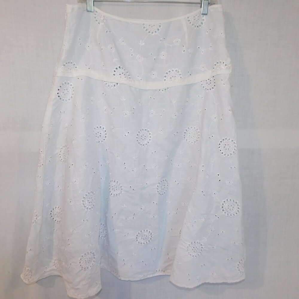 Anne Carson White Linen Eyelet Lined Midi A line Skirt Womens 12 - Picture 8 of 10